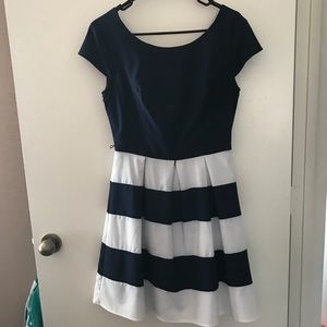 Navy blue striped pleated dress